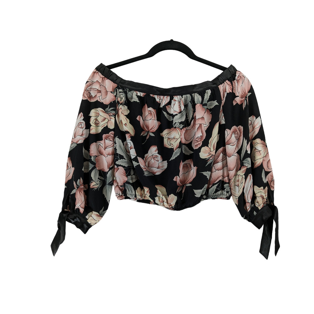 Lulus Floral Crop Top L Black Beige Pink Long Sleeve Elastic Waist‎ Tie Cropped